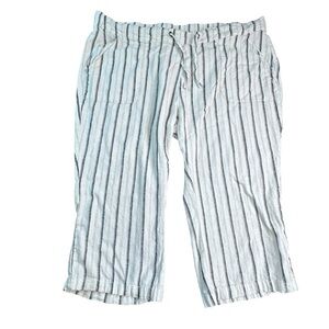 Naturals D&Co White Grey Stripe Linen Blend Draw String Elastic Crop Pants 2XP